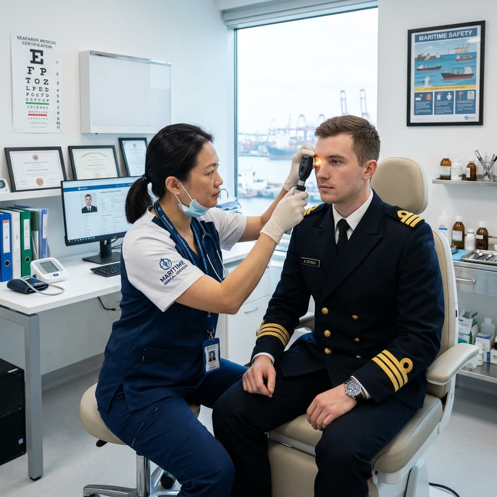Doctor examining a seafarer during a maritime health checkup in Adyar, Chennai